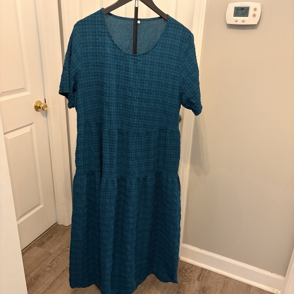 Teal Check Tiered Crinkle Midi‎ Dress Short Sleeve 2XL Casual Prairie Lagenlook
